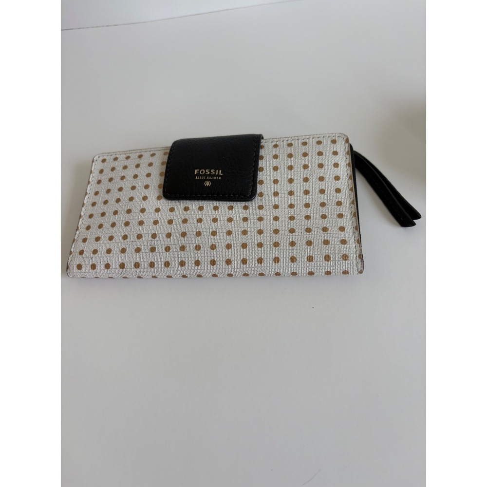 Fossil White Gold Polka Dot Bifold Clutch Wallet Black Leather Snap Tab